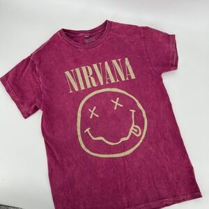 Nirvana Smiley Face Graphic T-Shirt Magenta Acid Wash Pink  Small